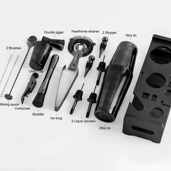 Set shaker de cocktail negru cu suport